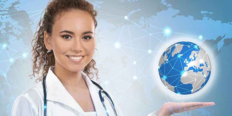 Graphic Representation of a nurse holding the world in her hands.