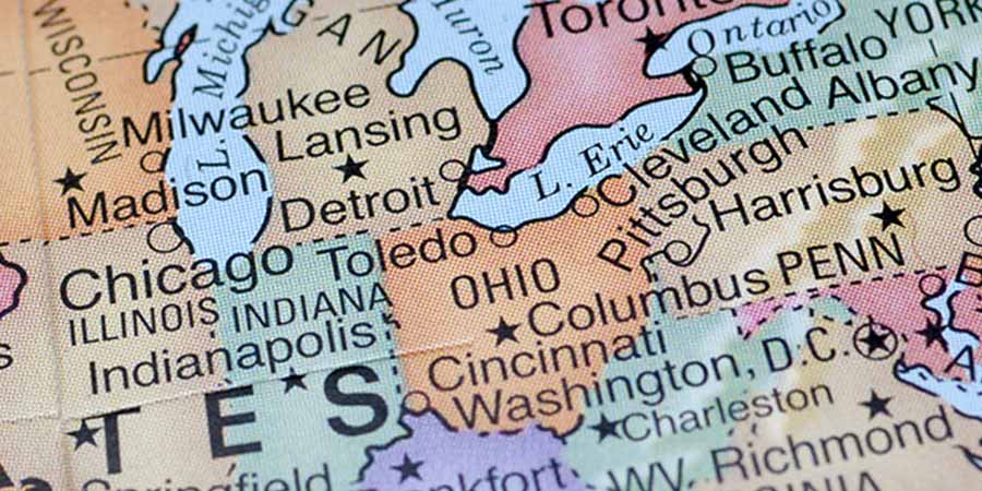 Colorful map of the state of Ohio