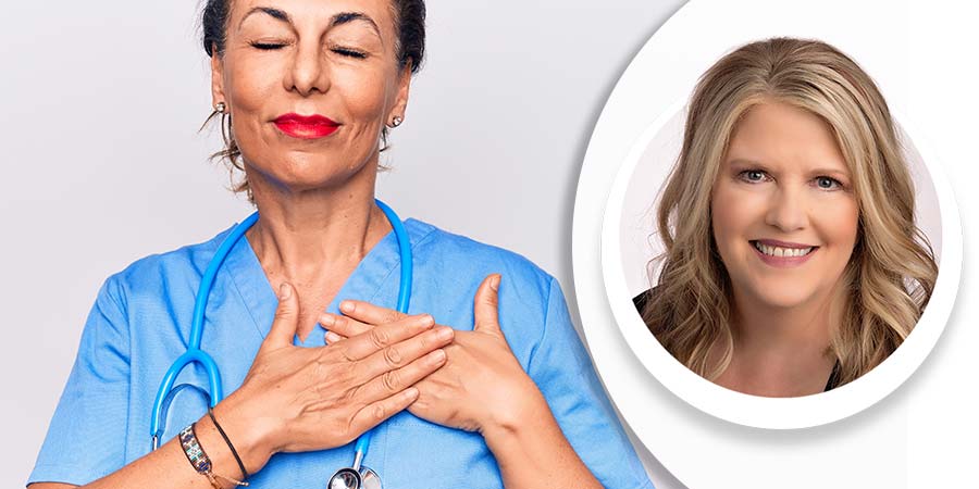 Nurse placing her hands over her heart.